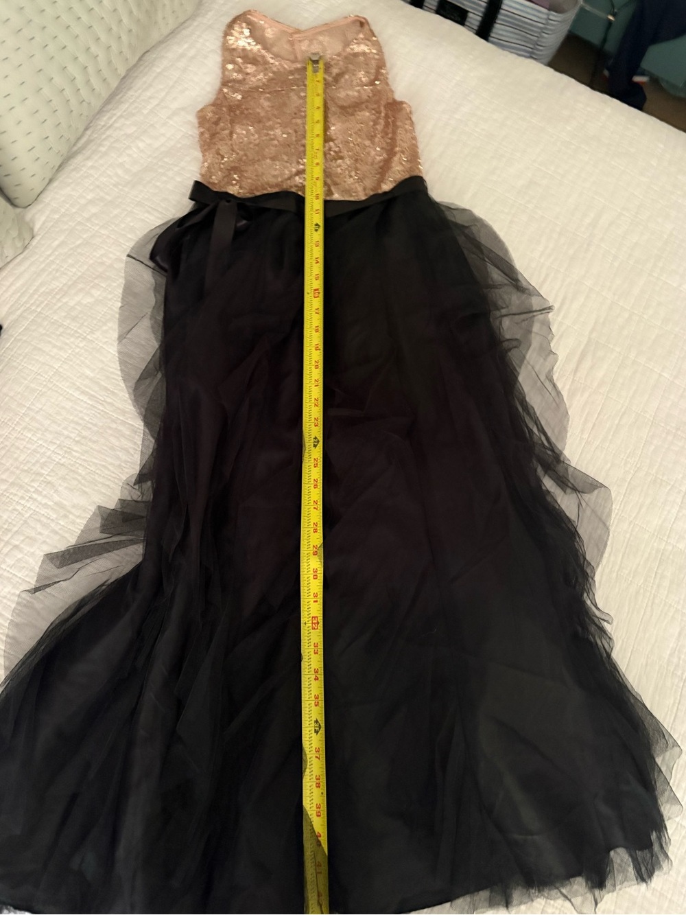 Rose Gold Sequin Bodice Black Tulle A-Line Prom Dress